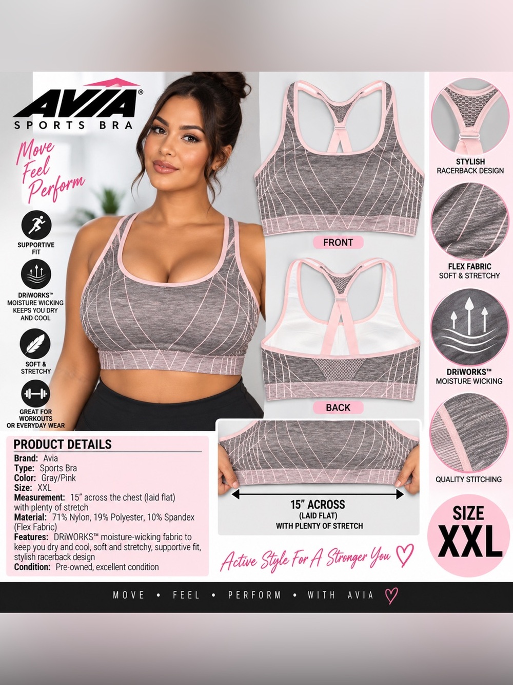 AVIA DRY-WORKS SPORTS BRA - GRAY/PINK SIZE XXL (NEW WITH TAGS) A4